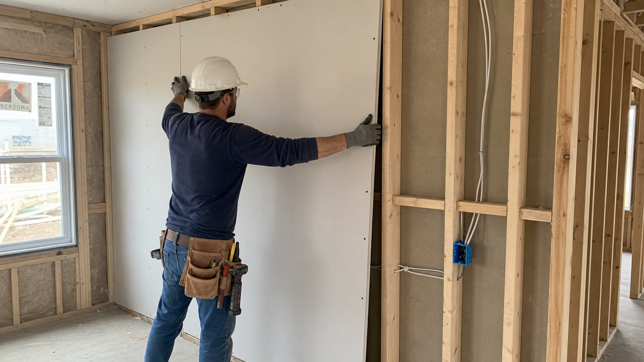Worker hanging a drywall sheet on a framed wall