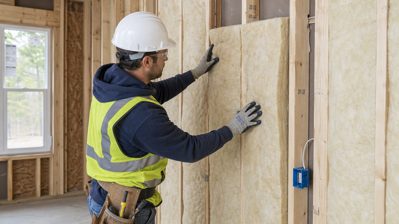 Worker installing batt insulation between wall studs